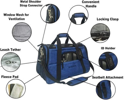 Airline Approved Pet Carrier, Tall Profile Soft Sided Luxury Travel Tote with Fleece Bedding, Premium Brand Auto Self Locking Zippers, Under Seat Compatibility, Perfect for Cats and Small (Deja Blue)