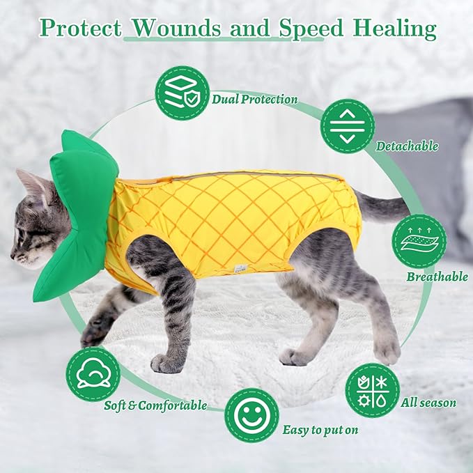 EMUST 2PCS Cat Recovery Suit and Cat Surgery Suit, Soft Kittens Onesie for Cats After Surgery Female, Cute Kitten Surgery Recovery Suit Female Under 4lb, Yellow, S
