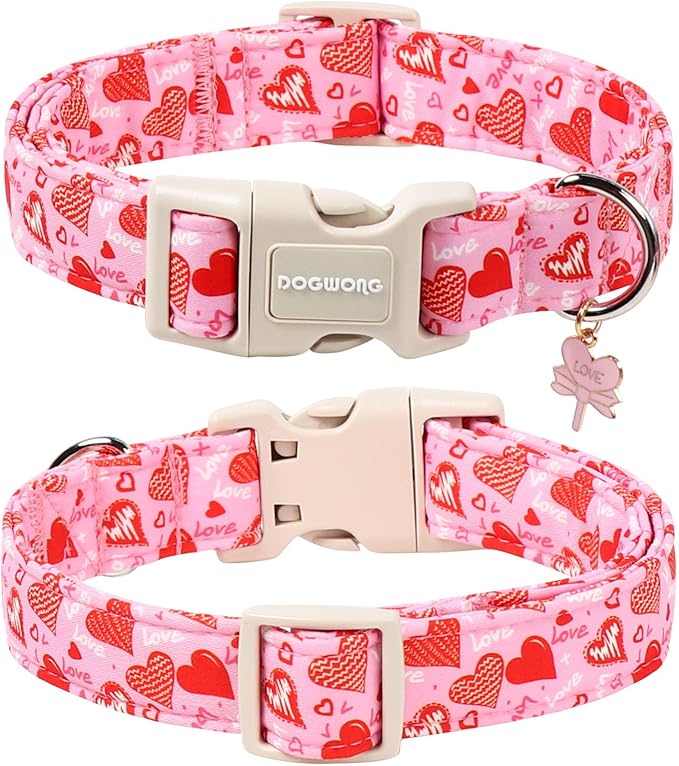 DOGWONG Valentine's Dog Collar - Pink Heart Adjustable Cotton Heart Dog Collar - Cute Dog Collars Perfect for Medium, Large Dogs