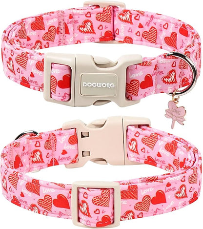 DOGWONG Valentine's Dog Collar - Pink Heart Adjustable Cotton Heart Dog Collar - Cute Dog Collars Perfect for Medium, Large Dogs