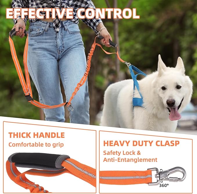 PUPTECK Heavy Duty Bungee Leash for Medium Large Dogs, No Pull Tactical Dog Leash with Double Handles for Training, Reflective with Car Seatbelt and Quick Release Buckle, Orange