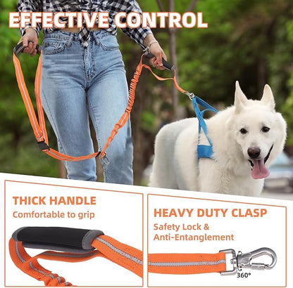 PUPTECK Heavy Duty Bungee Leash for Medium Large Dogs, No Pull Tactical Dog Leash with Double Handles for Training, Reflective with Car Seatbelt and Quick Release Buckle, Orange