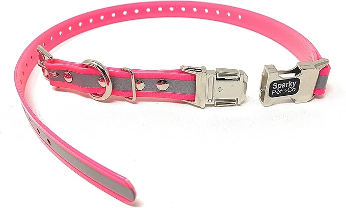 Sparky Pet Co - Apollo ECollar Replacement Strap - Dog Collar - Waterproof Biothane - Adjustable - Double Buckle - Quick Snap Metal Clasp - for Invisible Fence Systems - 1" x 30" (Reflective Pink)