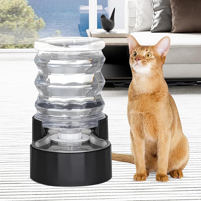 RIZZARI Dog Water Bowl Dispenser: 5L Black Stainless Steel Gravity Feeder with Filter - Easy Refill - Detachable 304 Stainless Bowl - for Small Pets & Multi-Pet Owners - Home Kitchen Patio