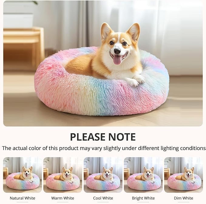 JOLLYVOGUE Calming Small Dog & Cat Bed for Indoor Cats - 20 inches Washable Donut Bed for Kittens & Puppies, Anti-Anxiety Round Fluffy Plush Pet Beds (Fits up to 15 lbs, Rainbow)