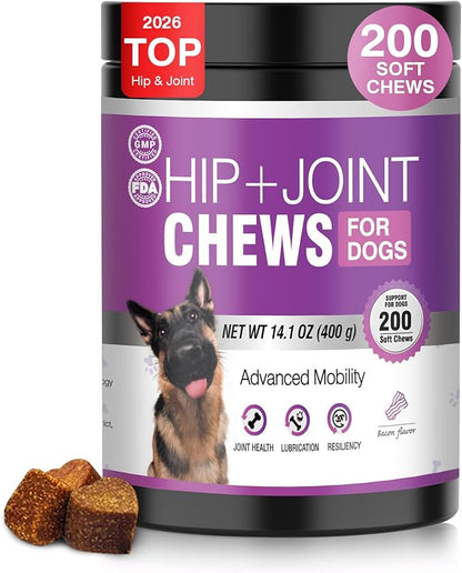 Glucosamine for Dogs 200pcs Joint Support Supplement Dog Hip and Joint Chondroitin Chews Treats with MSM Hemp Dog Joint Pain Relief Mobility Supplements Bacon Flavor Fit All Large Small Medium Breed