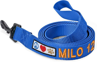 Pawtitas Personalized 6 ft Blue Dog Leash XS/S Custom Name and Phone Embroidery Strong Nylon Leash for Small Breeds