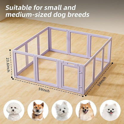 LoveTail DIY Clear Acrylic Dog Playpen House,Quick Easy Assembly and Disassembly,Strong Floor Suction,Indoor and Outdoor Use,Easy Cleansing Puppy Fence (Purple, 23.6" H, 12PCS)