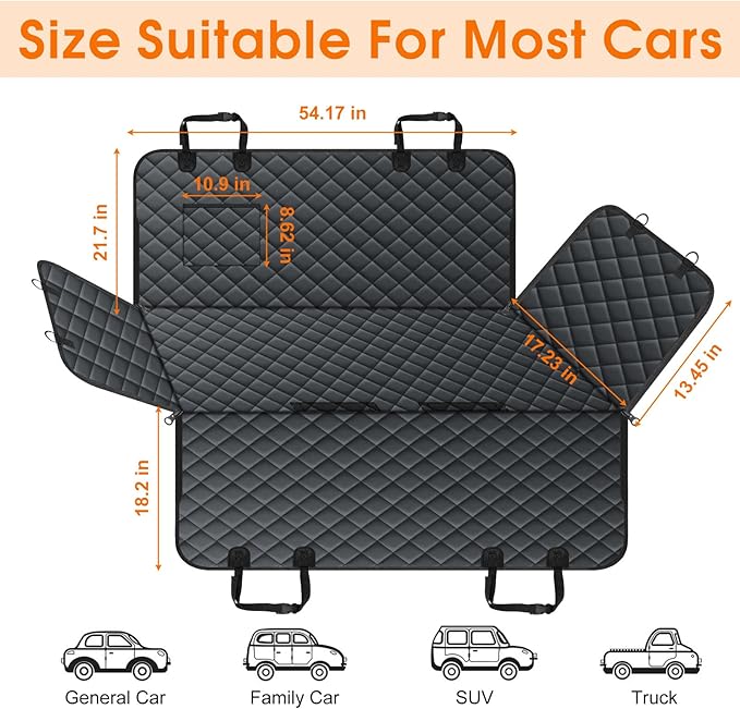 NECKORY Waterproof Dog Car Seat Cover for Back Seat - Durable, Scratch Proof Pet Hammock with Nonslip Design & Storage Pockets, Fits Cars, SUVs, Trucks- S, Black