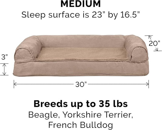 FurHaven Orthopedic Foam Sofa Dog Bed with Washable & Removable Cover - Plush/Suede - Almondine, Dogs Up to 35 lbs - Medium