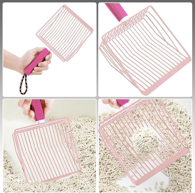 Apidgrowth Cat Litter Scoop, 2-in-1 Detachable Ergonomic Handle, Metal, Bar Grid Shape with Suspendable Cord (Pink)