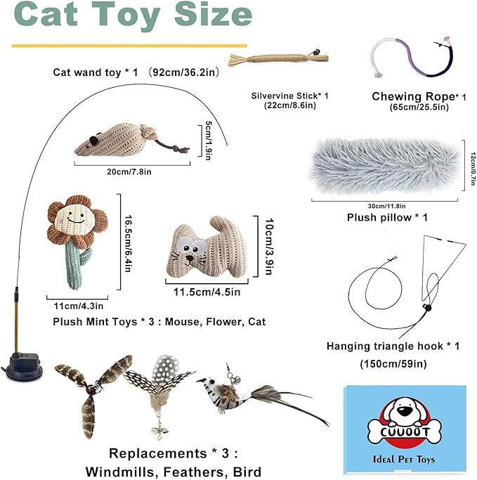 CUUOOT 7-in-1 Kitten Toys for Indoor Cats with Washable Adhesive Suction Cup, Hanging Interactive Cat Toys, Silvervine Stick and Sisal Chew Rope Catnip Teething Toy for Bored Kitten