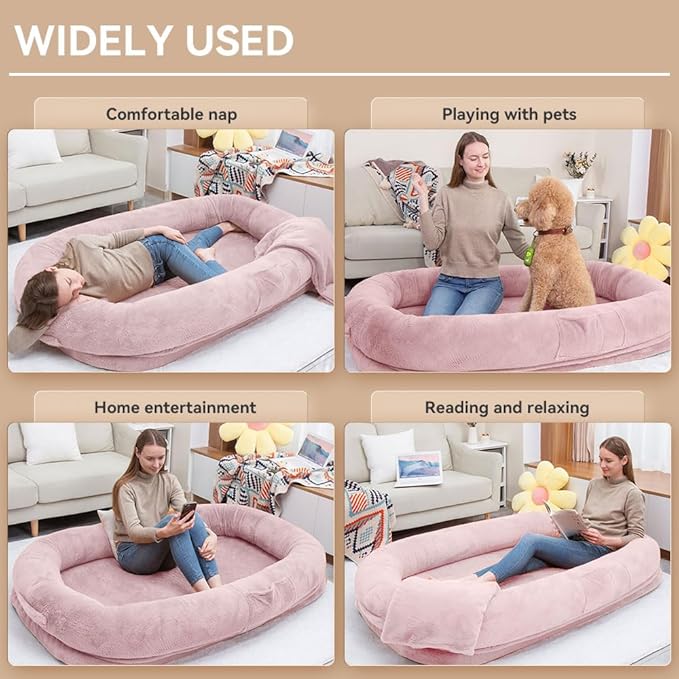 Human Dog Bed 63”x36.6”x11” Large Dog Bed with Raised Cushioned Rim, Removable Cover, Waterproof Lining and Bonus Blanket; Washable-Luxury Fluffy Nap Bed (63"x36.6"x11", Pink)
