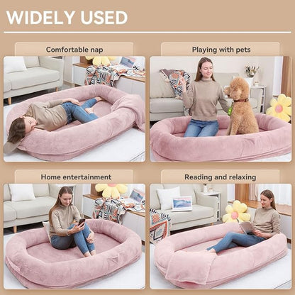 Ultra-Soft Human Size Dog Bed for People and Pets; 77”x51”x11” Extra Large Dog Bed with Raised Cushioned Rim, Removable Cover, Waterproof Lining and Bonus Blanket (77"x51"x11", Pink)