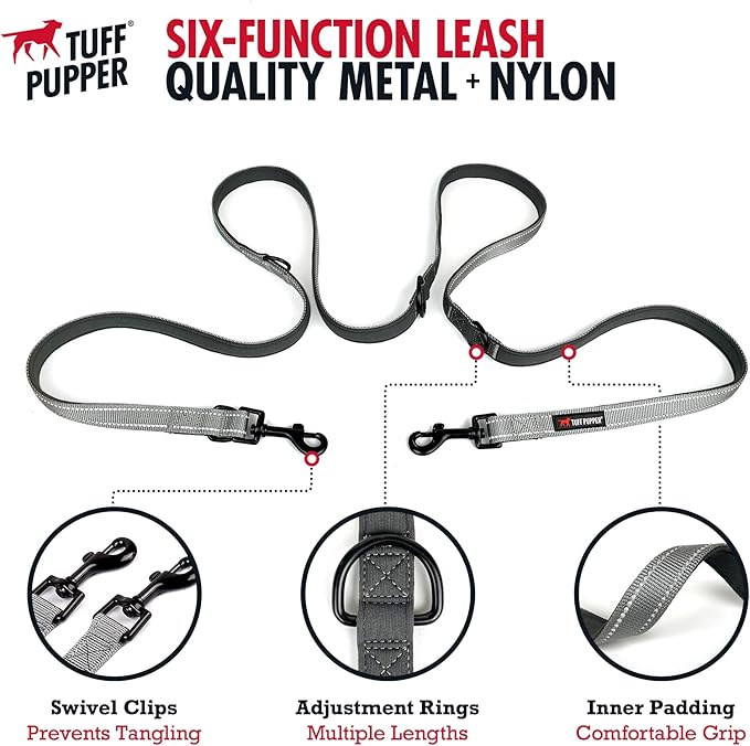 Tuff Pupper Heavy Duty Multi Function Crossbody Leash | 6 Uses in One Cross body Leash | 8 Feet Hands Free Leashes | Two Dog Leashes | Ballistic Nylon & Thick Neoprene Padding, Small Medium Large Dogs