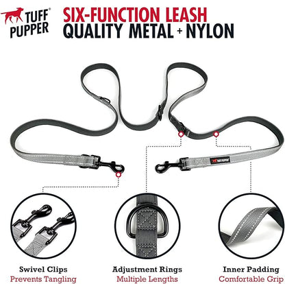 Tuff Pupper Heavy Duty Multi Function Crossbody Leash | 6 Uses in One Cross body Leash | 8 Feet Hands Free Leashes | Two Dog Leashes | Ballistic Nylon & Thick Neoprene Padding, Small Medium Large Dogs