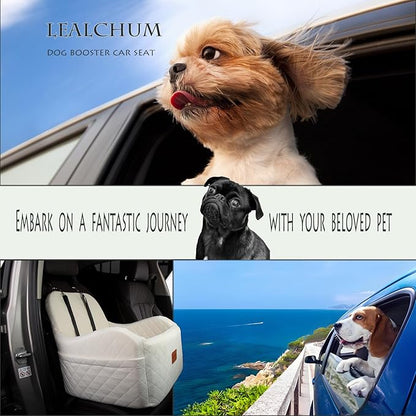 Lealchum Dog Booster Car Seat,Ultra Soft Fabric & Filling Memory Foam,Elevated Cushion,3 Straps & Safety Belt Channel,Anti-Slip Base,Fully Detachable and Washable(Beige,Medium)