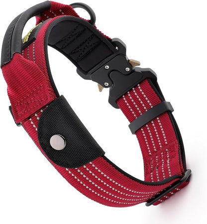 Plutus Pet Tactical Dog Collar with Tracker Pocket for AirTag, Adjustable Reflective Nylon Collar, Metal Buckle, Leather-Wrapped Handle, Soft Padded for Medium Large Dogs (Burgundy Red, L)
