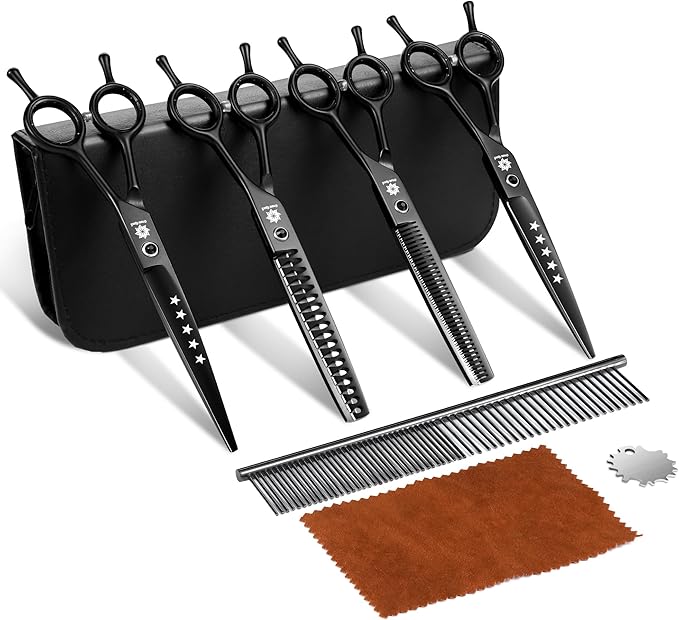 Dream Reach Dog Grooming Scissors - 7 Inch Professional 6 in 1 Pet Grooming Kit Sharp and Durable Shears Set Thinning, Chunker, Straight, Curved Shears and Comb for Dog Cat Pet, Black