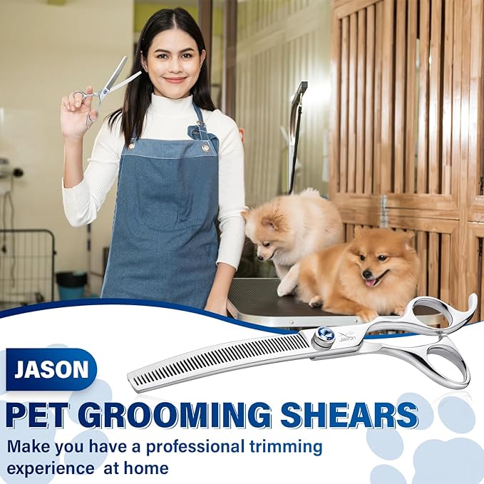 JASON 7" Curved Dog Scissors - Ergonomic Grooming Scissors, Silver, 440C Stainless Steel, Professional Pet Shears (50-Teeth) Christmas Gift