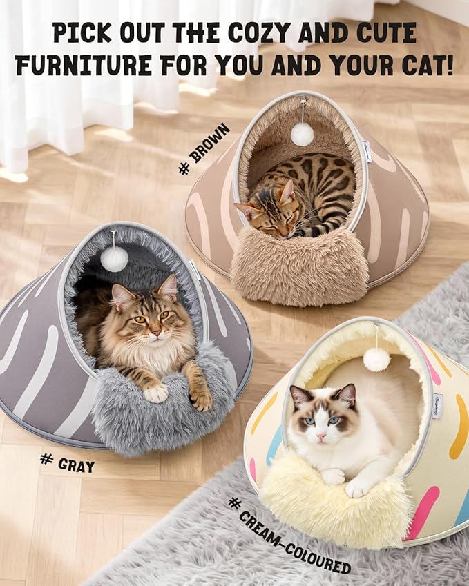 BurgeonNest 20-Inch Round Cat Bed Cave, Enclosed Hooded Pet Bed for Indoor Cats, Cozy Anti-Collapse Cave with Soft Plush, Waterproof EVA Shell, Fully Washable, Shape Retention, Grey