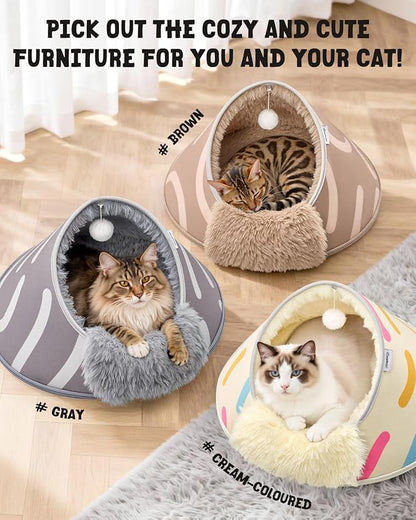 BurgeonNest 20-Inch Round Cat Bed Cave, Enclosed Hooded Pet Bed for Indoor Cats, Cozy Anti-Collapse Cave with Soft Plush, Waterproof EVA Shell, Fully Washable, Shape Retention, Beige