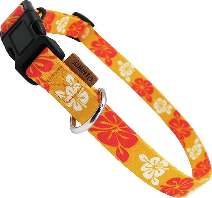 Dog Collar, Cute Floral Pattern, Soft and Adjustable Collar with Quick Release Buckle (M (Neck 14-24", Width 3/4"), Hawaiian Orange)