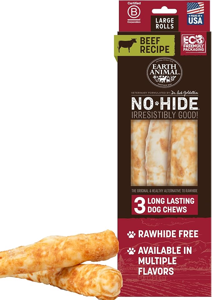 Earth Animal No Hide Chews - Long Lasting Rawhide Free Large Dog Chews Rolls, Beef - 3 Count Value Pack