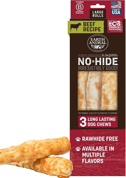 Earth Animal No Hide Chews - Long Lasting Rawhide Free Large Dog Chews Rolls, Beef - 3 Count Value Pack
