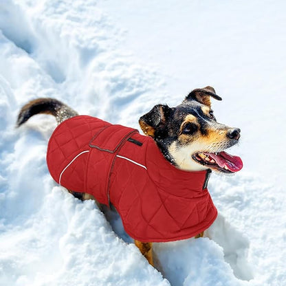 Kuoser Dog Jacket Warm Fleece Lined Dog Coats for Small Dogs, Waterproof Pet Coat Reflective Puppy Snowsuit with Harness Hole for Cold Weather Walking Hiking, Quilted Dogs Winter Vest, Red, S