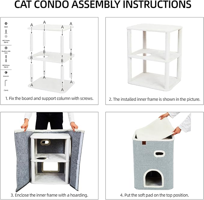 CATBOAT 2-Storey Cat House for Indoor Cats Bed, Covered Beds & Furniture with Scratch Pad and Hideaway Cave, Cute Modern Condo for Multi Small Pet Large Kitten Kitty, Light Grey