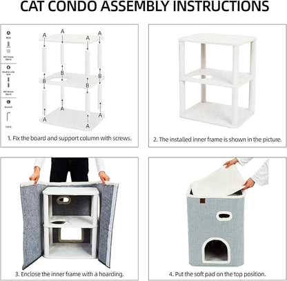 CATBOAT 2-Storey Cat House for Indoor Cats Bed, Covered Beds & Furniture with Scratch Pad and Hideaway Cave, Cute Modern Condo for Multi Small Pet Large Kitten Kitty, Light Grey