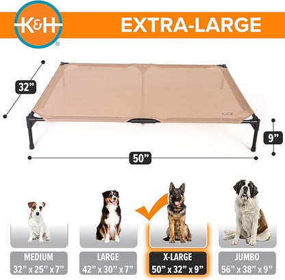 K&H Pet Products Outdoor Elevated Dog Cot, Cooling Raised Bed with Waterproof Breathable Mesh for Large Dogs, Portable Pet Bed with Heavy-Duty Metal Frame, Oversized Hammock Style - Extra-Large Tan