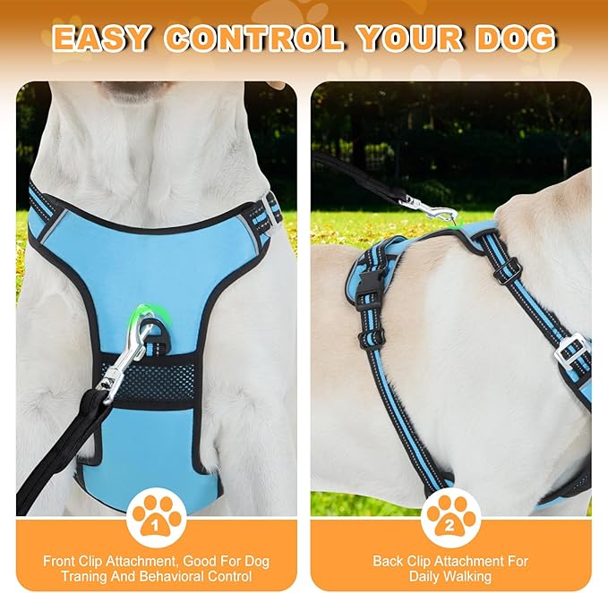 No Pull Dog Harness with 3 Snap Buckles,No Choke Front Lead pet Harness Reflective and Adjustable Soft Padded Vest for Small Medium Large Dog (Blue, Small)