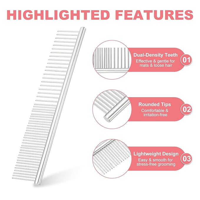 PETAXCELL Dog Cat Comb, Pet Combs Stainless Steel Teeth with Rounded Ends for Knots Mats Loose Hair Removal, 6.5IN (Silver, 3 Pack), Grooming Tool Intended for Long Curly Hair Pet