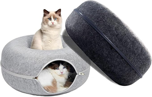 ZVGV Tunnel Bed for Indoor,cattasaurus Peekaboo cat cave for Multiple,Detachable Felt Felt Washable Interior for Indoor Cats,Donut Tunnel -24inch(Light Gray) (Light Gray + Dark Gray)