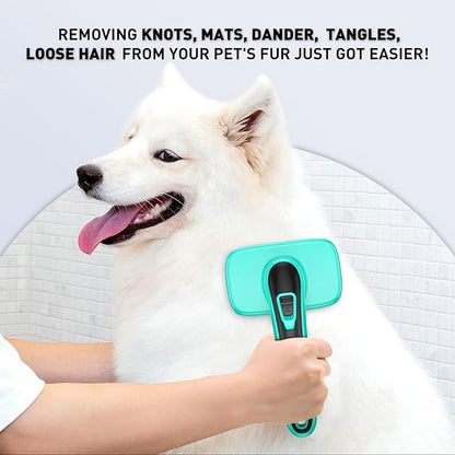 WOPQAEM Self Cleaning Slicker Brush for Dog, Cat, Skin Friendly Shedding & Grooming Tool for Long and Short Haired Pets, Easy Clean Retractable Bristles, Green