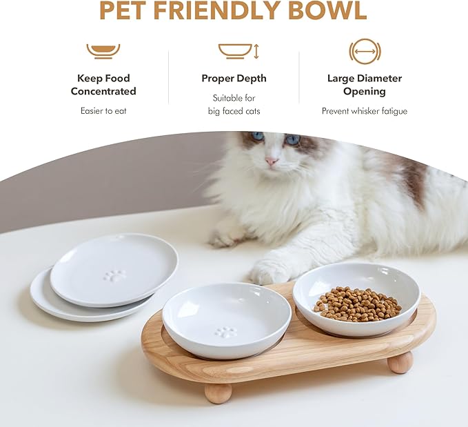 Havniva Raised Ceramic Wide Whisker Friendly Cat Dishes, Food& Water Bowl with 2 Style Stand Adjustable Raised Pet Bowl Set(2Dish+2Shallow Dish+Stand, White