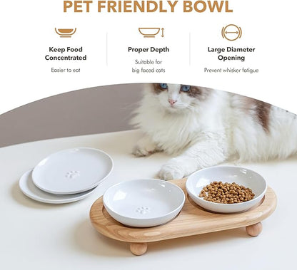 Havniva Raised Ceramic Wide Whisker Friendly Cat Dishes, Food& Water Bowl with 2 Style Stand Adjustable Raised Pet Bowl Set(2Dish+2Shallow Dish+Stand, White