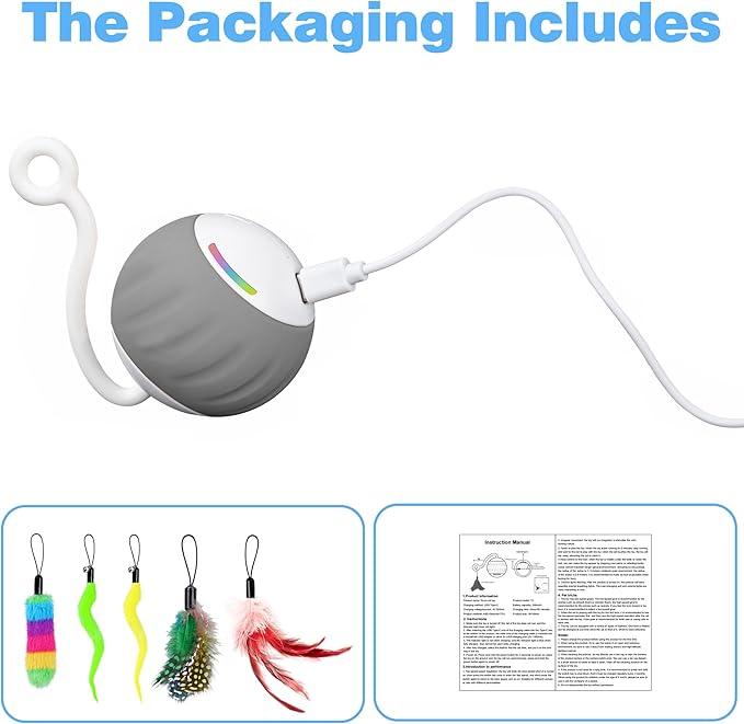 Interactive Cat Toy for Indoor (Sounds&Touch Control) Smart Cat Toys-Automatic Moving Cat Ball Toy-Fast Slow 2Speed with Feathers Tail&Lights for Kittens,Older Cats,Bored Cats,Ferret,USB Rechargeable