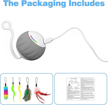 Interactive Cat Toy for Indoor (Sounds&Touch Control) Smart Cat Toys-Automatic Moving Cat Ball Toy-Fast Slow 2Speed with Feathers Tail&Lights for Kittens,Older Cats,Bored Cats,Ferret,USB Rechargeable