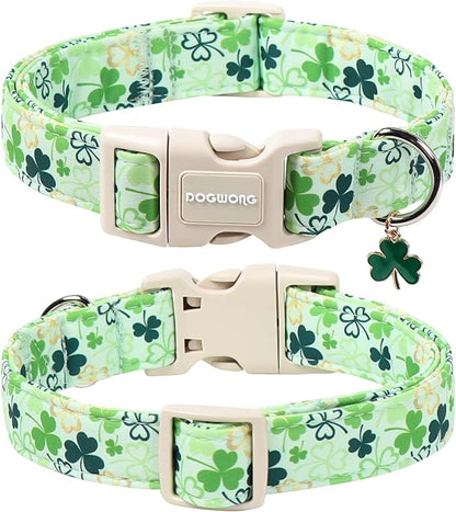 DOGWONG St Patrick's Day Dog Collar-Cute Green Clovers Dog Collars, Adjustable Shamrock Pet Collars Trefoil Puppy Collar with Quick Release Buckle for Girl&Boy Dogs