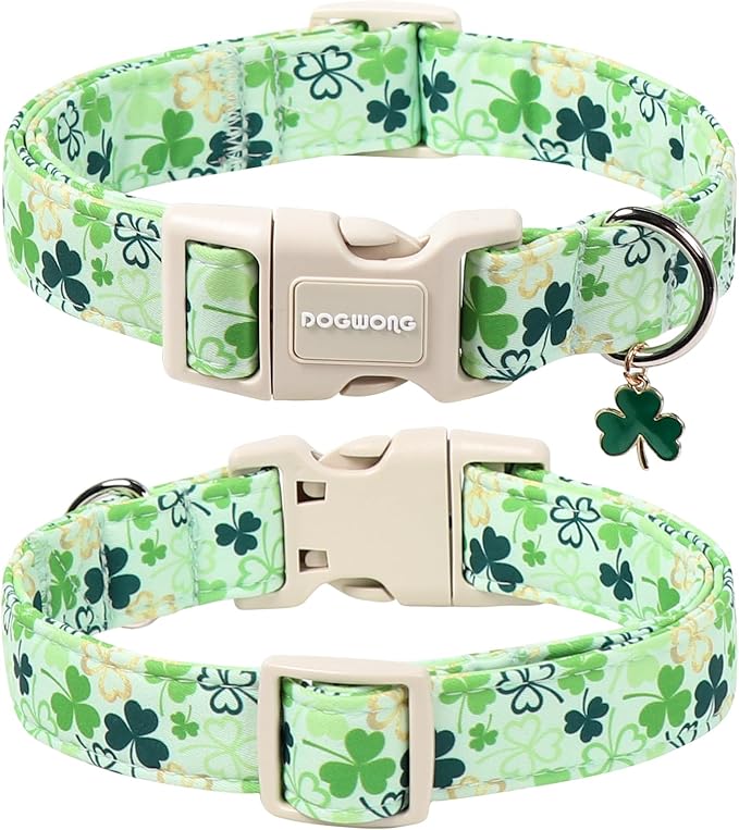 DOGWONG St Patrick's Day Dog Collar-Cute Green Clovers Dog Collars, Adjustable Shamrock Pet Collars Trefoil Puppy Collar with Quick Release Buckle for Girl&Boy Dogs