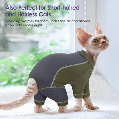 SUNFURA Hair Sticky Cat Clothes, Cat Sweater for Cats Only, 4-Legged Fleece Sweaters Kitten Pajamas Reduce Shedding Fur, Warm Pullover Shirts for Cats, Army Green M