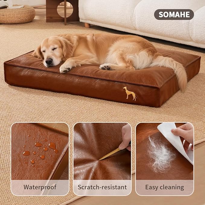 SOMAHE Dog Bed Medium Size Dog Orthopedic Beds for Small Dogs with Removable Washable PU Leather Cover Waterproof Brown 35.4×27.5×4inch