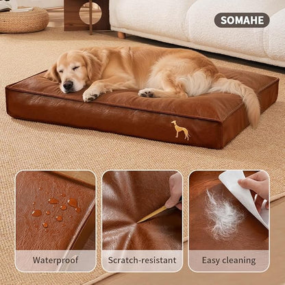 SOMAHE Dog Bed Medium Size Dog Orthopedic Beds for Small Dogs with Removable Washable PU Leather Cover Waterproof Brown 35.4×27.5×4inch