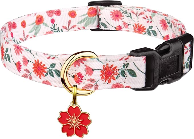 Cotton Handmade Dog Collar Cute and Distinctive Patterns Red and White Flower with Pendant for Girl Boy Dogs Collars S