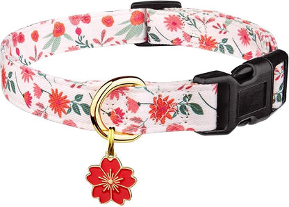 Cotton Handmade Dog Collar Cute and Distinctive Patterns Red and White Flower with Pendant for Girl Boy Dogs Collars S