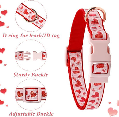azuza Valentine's Day Dog Collar and Leash Set, Adjustable Pink Dog Collar with Sparkly Red Hearts Matching Leash Valentines Day Gifts for Large Dogs