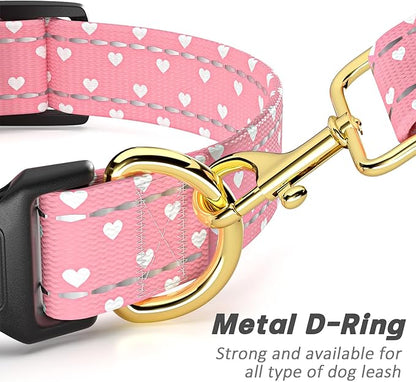 Reflective Dog Collar for Extra Small Dogs, Cute Adjustable Heavy-Duty Nylon Puppy Collars for Boy and Girl Female, Soft Pet Accessories with Quick Release Buckle, Neck 8-12", Pink Hearts